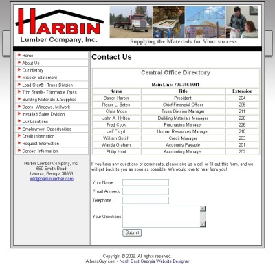 Harbin Lumber interior / contact page